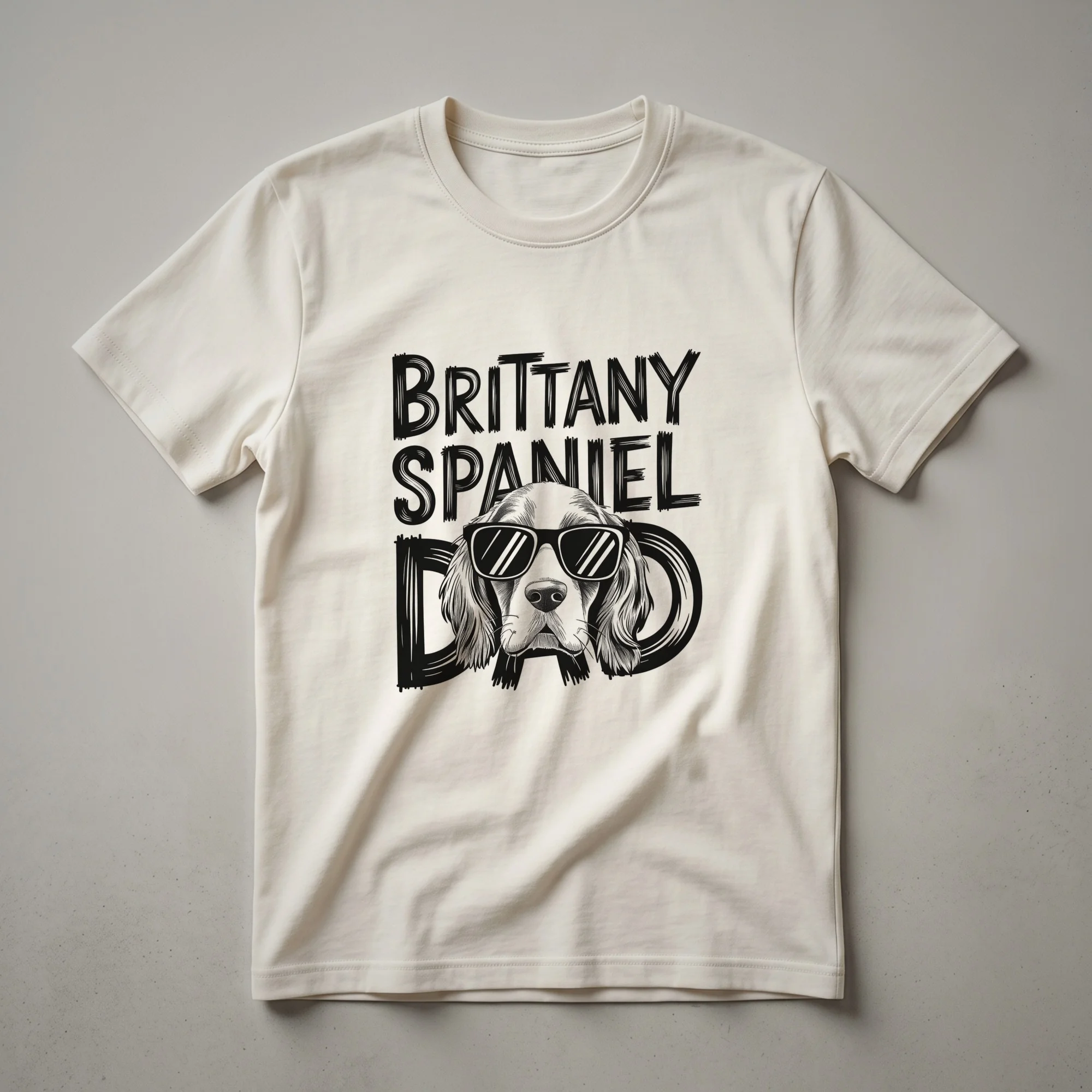 A graphic t-shirt featuring the head of a Brittany Spaniel adorned with floral elements, designed for dog dads.