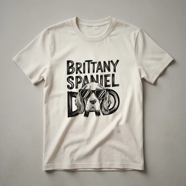 A graphic t-shirt featuring the head of a Brittany Spaniel adorned with floral elements, designed for dog dads.