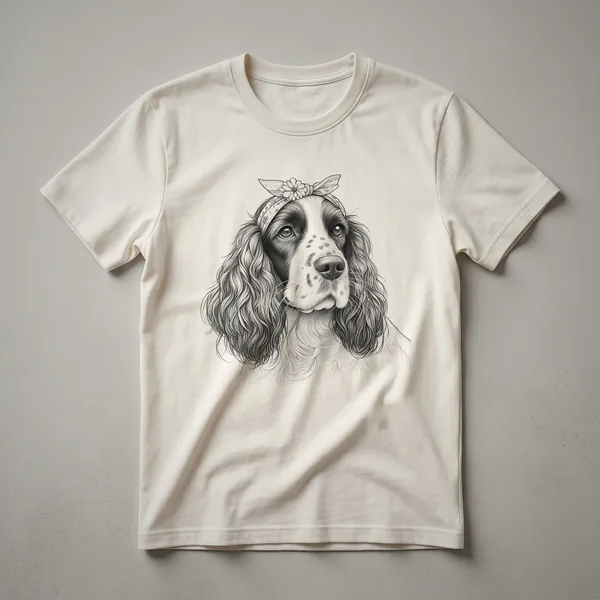 White t-shirt with a distressed graphic of an English Springer Spaniel dog's head and front.