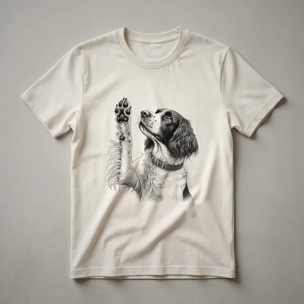 White t-shirt featuring a graphic of an English Springer Spaniel raising its paw, surrounded by colorful floral elements and the text 'English Springer Spaniel Raising Paw Dog Owner Design'.