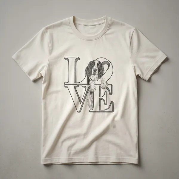 White graphic t-shirt featuring the head of an English Springer Spaniel with a heart shape in its ear, designed for dog lovers.