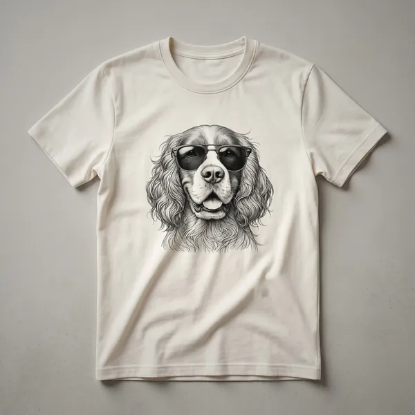 White t-shirt featuring a graphic of an English Springer Spaniel dog wearing dark sunglasses, with a patriotic-themed background.