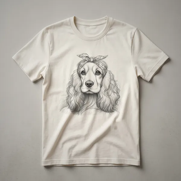 White graphic t-shirt featuring a stylized Cocker Spaniel face with floral accents in pink, green, and yellow, designed for dog moms.