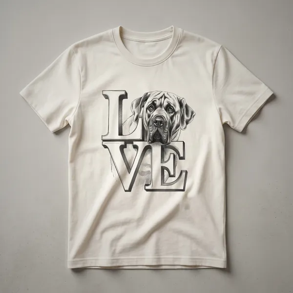 White t-shirt with a black silhouette of an English Mastiff dog surrounded by a floral design, with the words 'English Mastiff Love' above and 'For Him And Her' below.