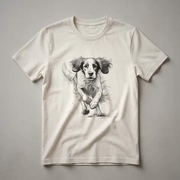 White graphic t-shirt featuring a Brittany Spaniel dog wearing running shoes and depicted in a running pose.