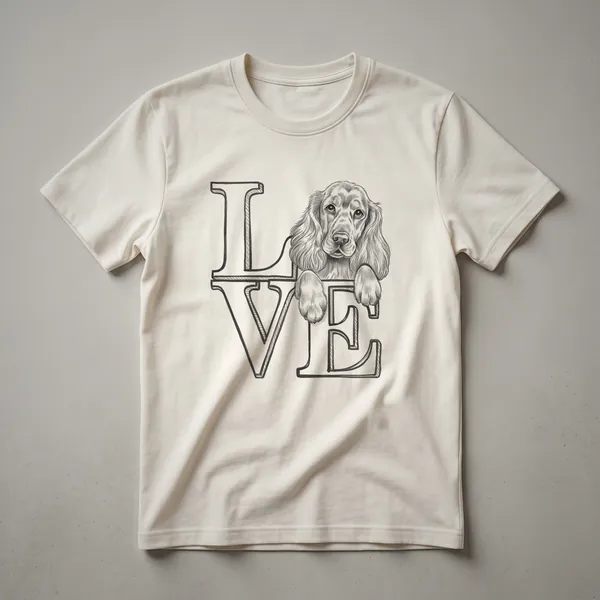 White t-shirt with a graphic of a Cocker Spaniel's head surrounded by colorful flowers and leaves.