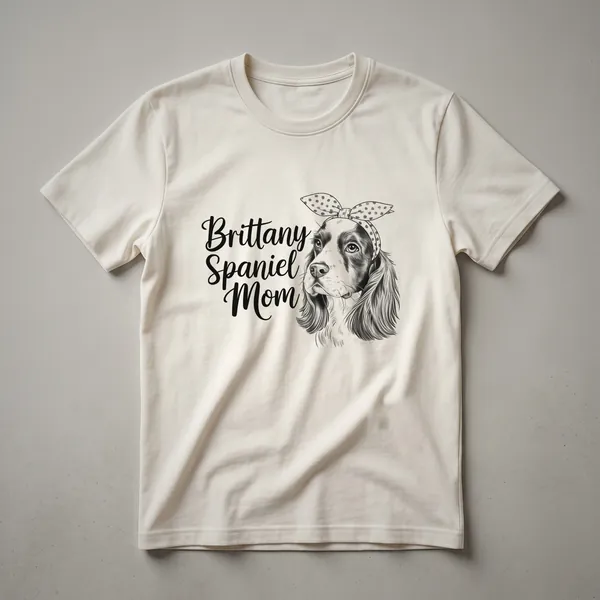 White graphic t-shirt featuring a black silhouette of a Brittany Spaniel dog surrounded by colorful floral elements, with the text 'Brittany Spaniel Mom' above.