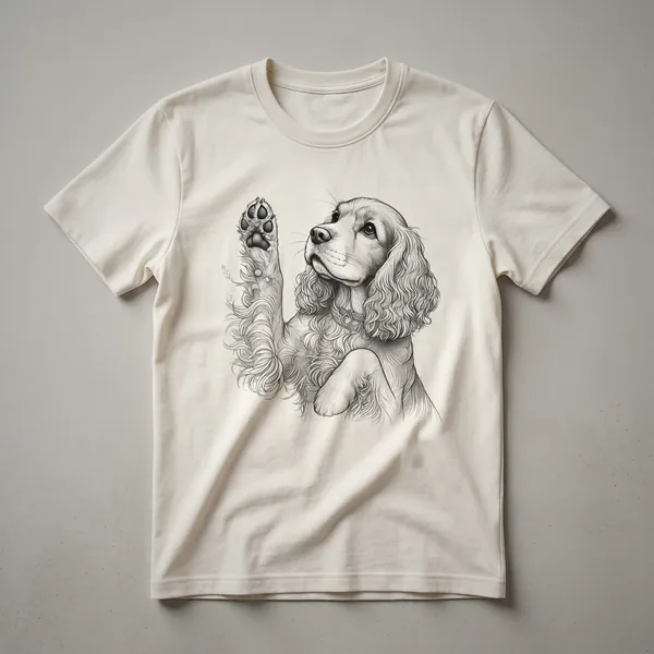 White graphic t-shirt featuring a Cocker Spaniel with floral accents and paws raised, designed for dog owners.