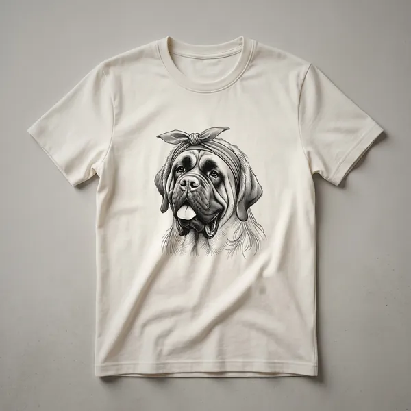 White graphic t-shirt featuring a cartoon illustration of an English Mastiff dog's head peeking from the left side of the design.