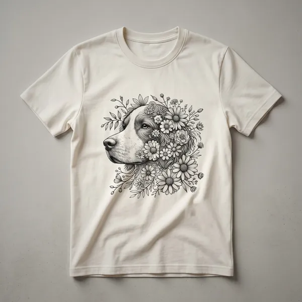 White t-shirt featuring a watercolor painting of a Brittany Spaniel's head adorned with colorful flowers, designed for dog owners.