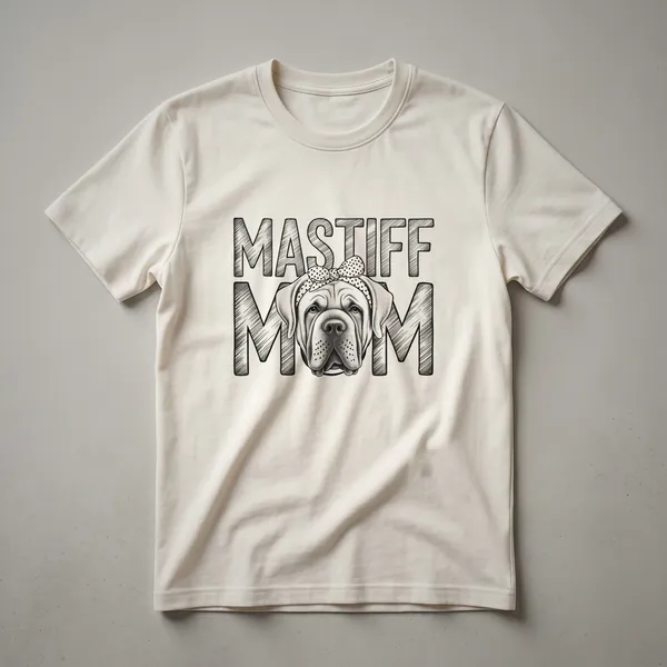 White t-shirt with a floral design and the words 'English Mastiff Mom' in a distressed font, intended for women.