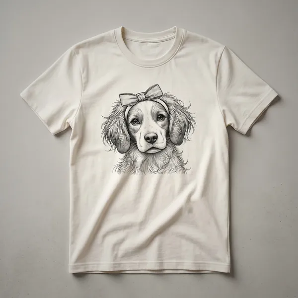 White Brittany Spaniel dog peeking over the bottom edge of a white graphic t-shirt, with a simple line separating the dog from the shirt.