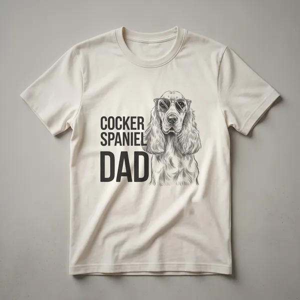 A graphic t-shirt mockup in a heather grey color, featuring a stylized Cocker Spaniel head surrounded by floral accents and the text 'Cocker Spaniel Dad'.