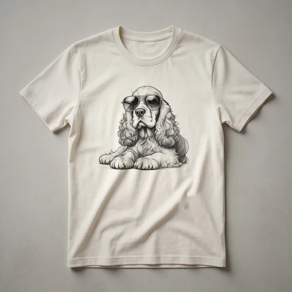 A graphic t-shirt featuring a Cocker Spaniel dog wearing dark sunglasses, presented on a white background.