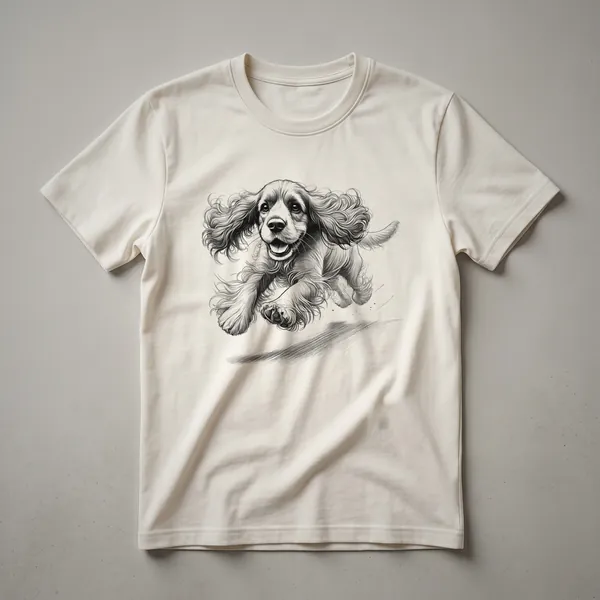 Black graphic t-shirt featuring a distressed illustration of a Cocker Spaniel running.
