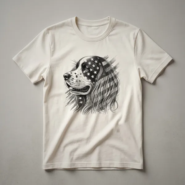 White t-shirt featuring a graphic of an English Springer Spaniel wearing sunglasses with the American flag pattern in the lenses.