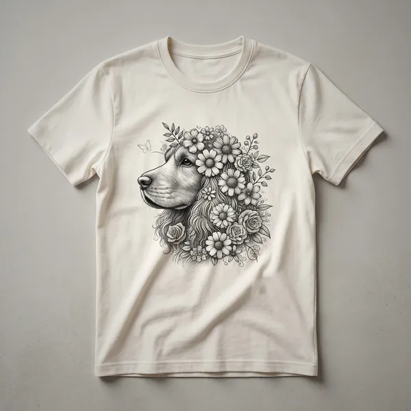 White t-shirt with a graphic design of a Cocker Spaniel's head surrounded by colorful flowers and green leaves.