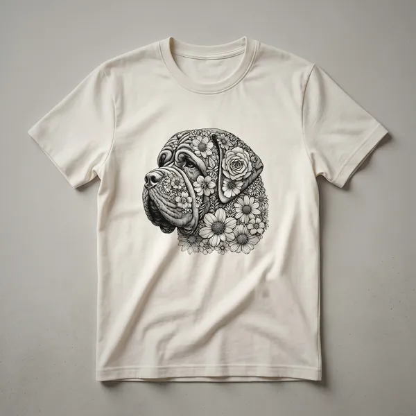 White t-shirt featuring a graphic of an English Mastiff's face surrounded by a colorful array of flowers and leaves.