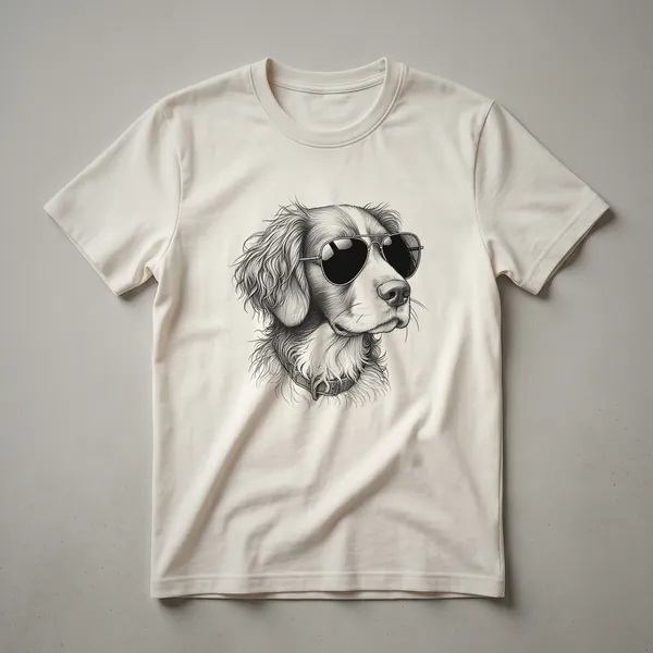 A graphic t-shirt featuring a Brittany Spaniel dog wearing sunglasses, presented on a white background.