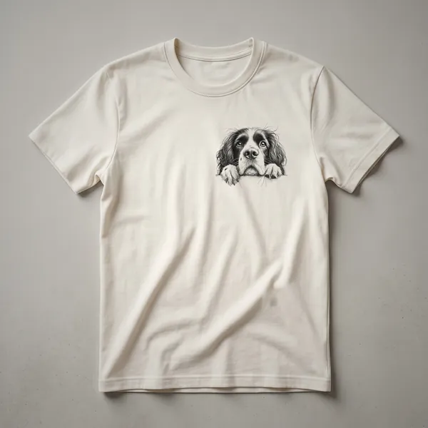 White t-shirt featuring a graphic of a peeking English Springer Spaniel with colorful floral elements surrounding its head and ears.