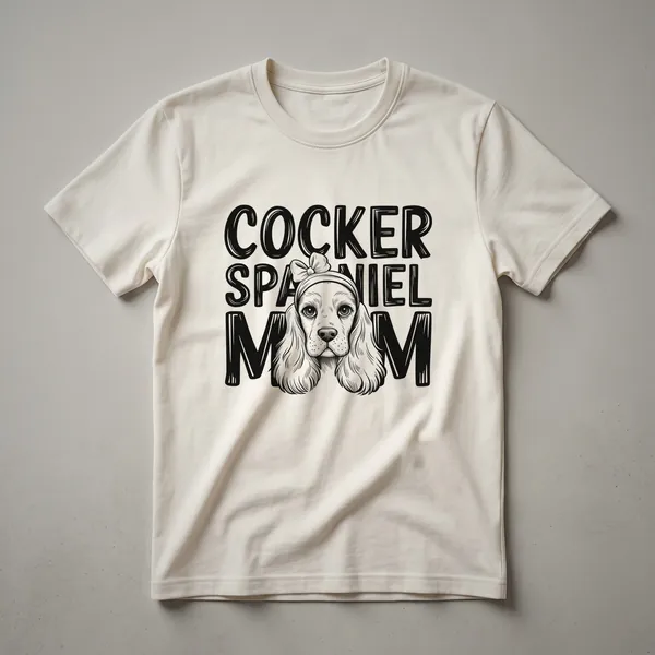 White graphic t-shirt featuring a stylized Cocker Spaniel face surrounded by colorful floral elements, with the text 'Cocker Spaniel Mom' above.