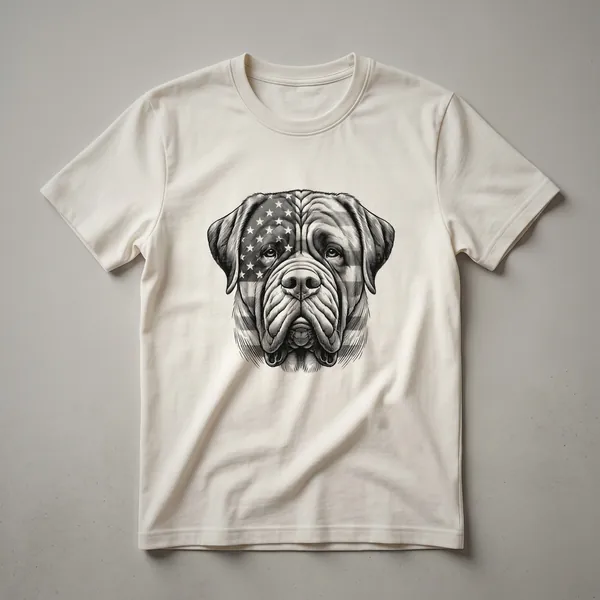 A white t-shirt featuring a graphic of an English Mastiff dog wearing sunglasses with an American flag design across its face.