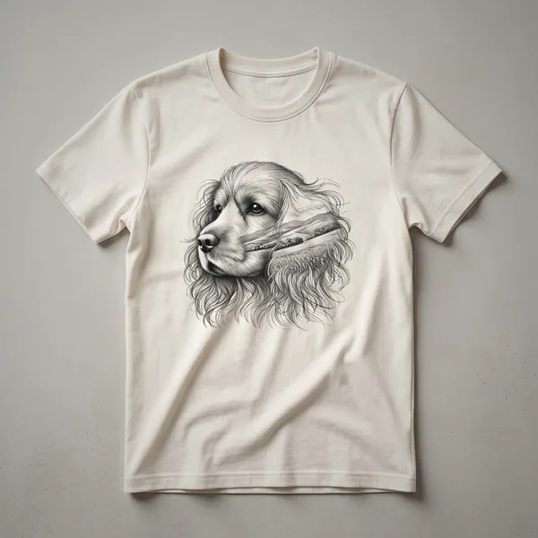 Black graphic t-shirt featuring a white Cocker Spaniel silhouette surrounded by colorful floral elements.