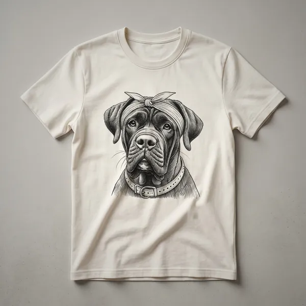 White graphic t-shirt featuring a stylized Cane Corso dog face adorned with colorful floral elements, designed for dog moms.