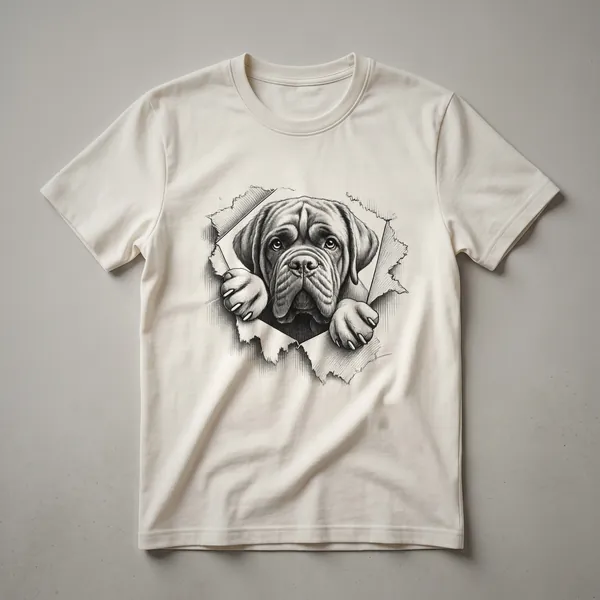 White t-shirt with a graphic design of an English Mastiff's head peeking over a colorful floral border, designed for dog owners.