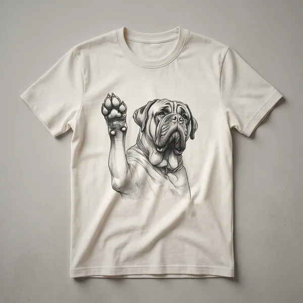 A graphic t-shirt featuring a stylized English Mastiff paw print adorned with colorful floral elements, representing a dog owner's love.