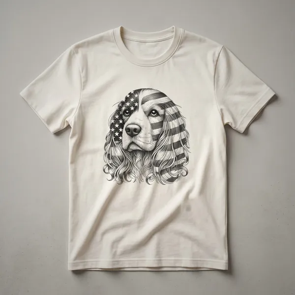A black t-shirt featuring a graphic of a Cocker Spaniel wearing sunglasses with an American flag design on its face.