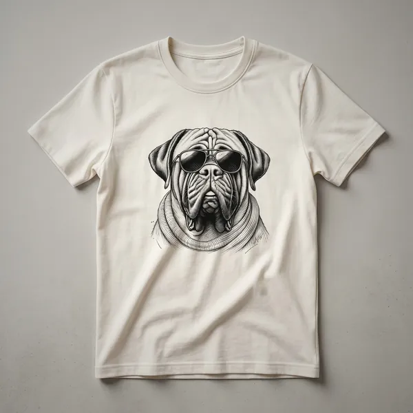 Black t-shirt featuring a close-up graphic of a majestic English Mastiff dog wearing dark, cool sunglasses.