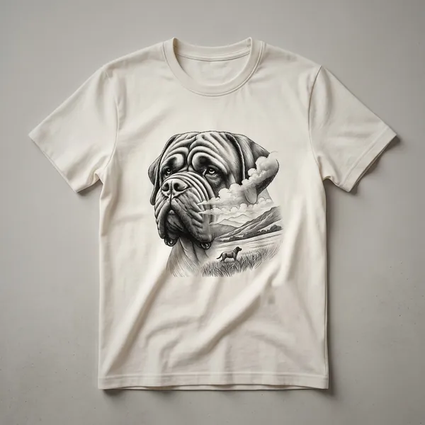 A black t-shirt featuring a graphic design of an English Mastiff's head in profile, set against a backdrop of stylized trees and mountains.