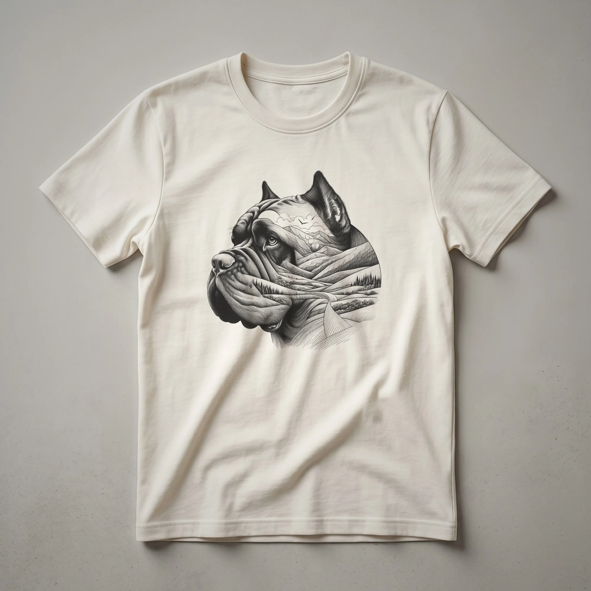 A graphic t-shirt featuring a black silhouette of a Cane Corso dog inside a colorful floral wreath, designed for dog moms and dads.