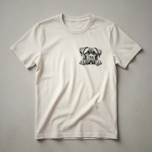 A black graphic t-shirt featuring a Cane Corso dog's head peeking from the bottom edge in a bold line art style.