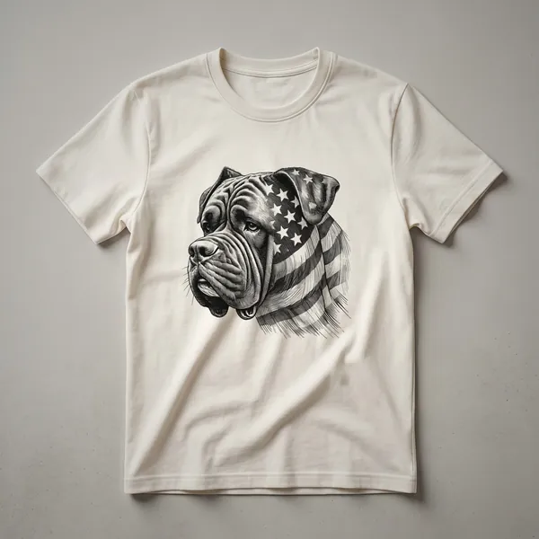 White graphic t-shirt featuring a Cane Corso dog wearing dark sunglasses, with a distressed American flag design behind its head.