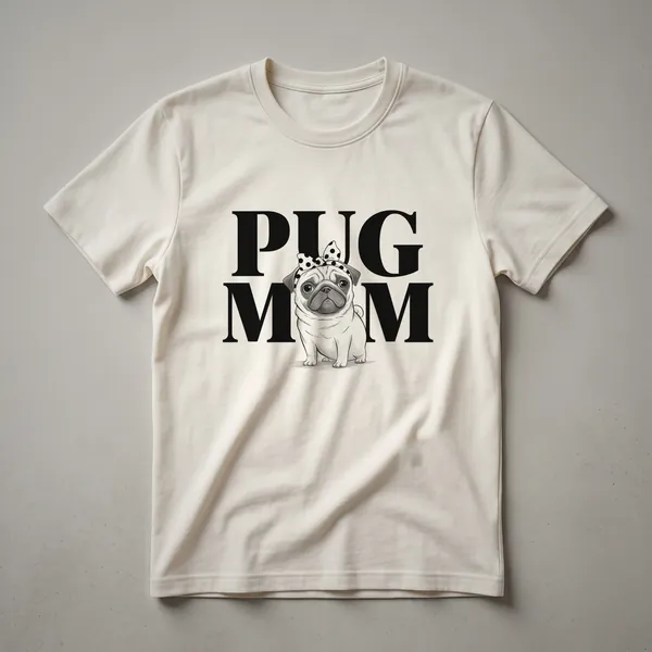 White graphic t-shirt featuring a pug wearing sunglasses with red, white, and blue patriotic elements in the design.