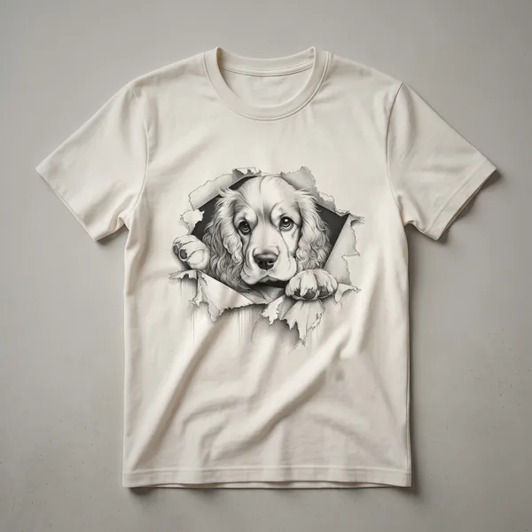 White t-shirt with a cartoon Cocker Spaniel peeking over a colorful floral border, designed for dog owners.
