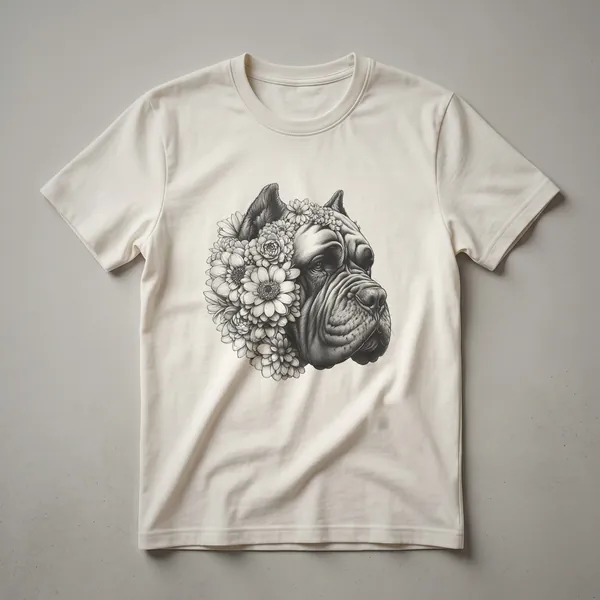 White t-shirt with a graphic design of a Cane Corso dog's head surrounded by colorful flowers.