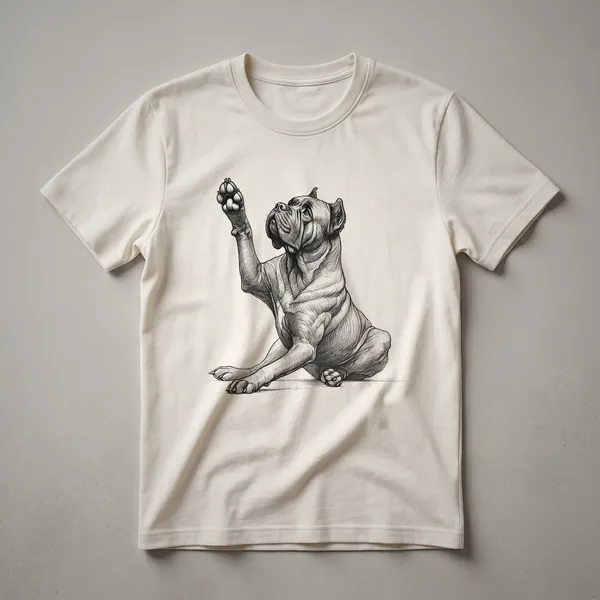 Black t-shirt with a graphic of a Cane Corso dog raising its paw with a red heart symbol.