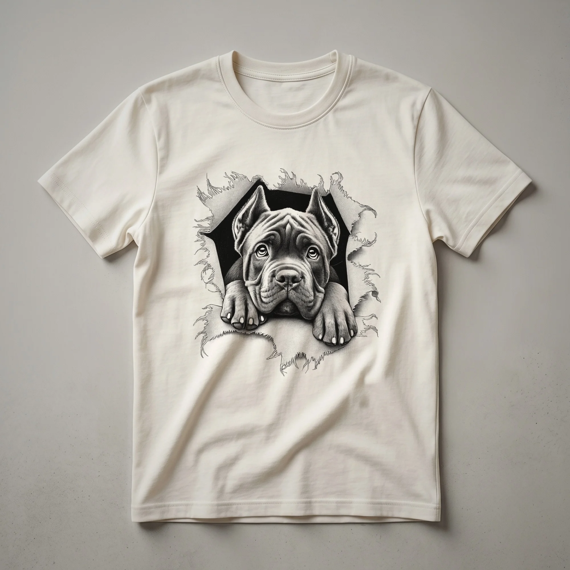 White t-shirt featuring a graphic of a Cane Corso dog's head peeking from behind a colorful floral border, with the words 'Cute Cane Corso Peeking Dog Owner Design' below.