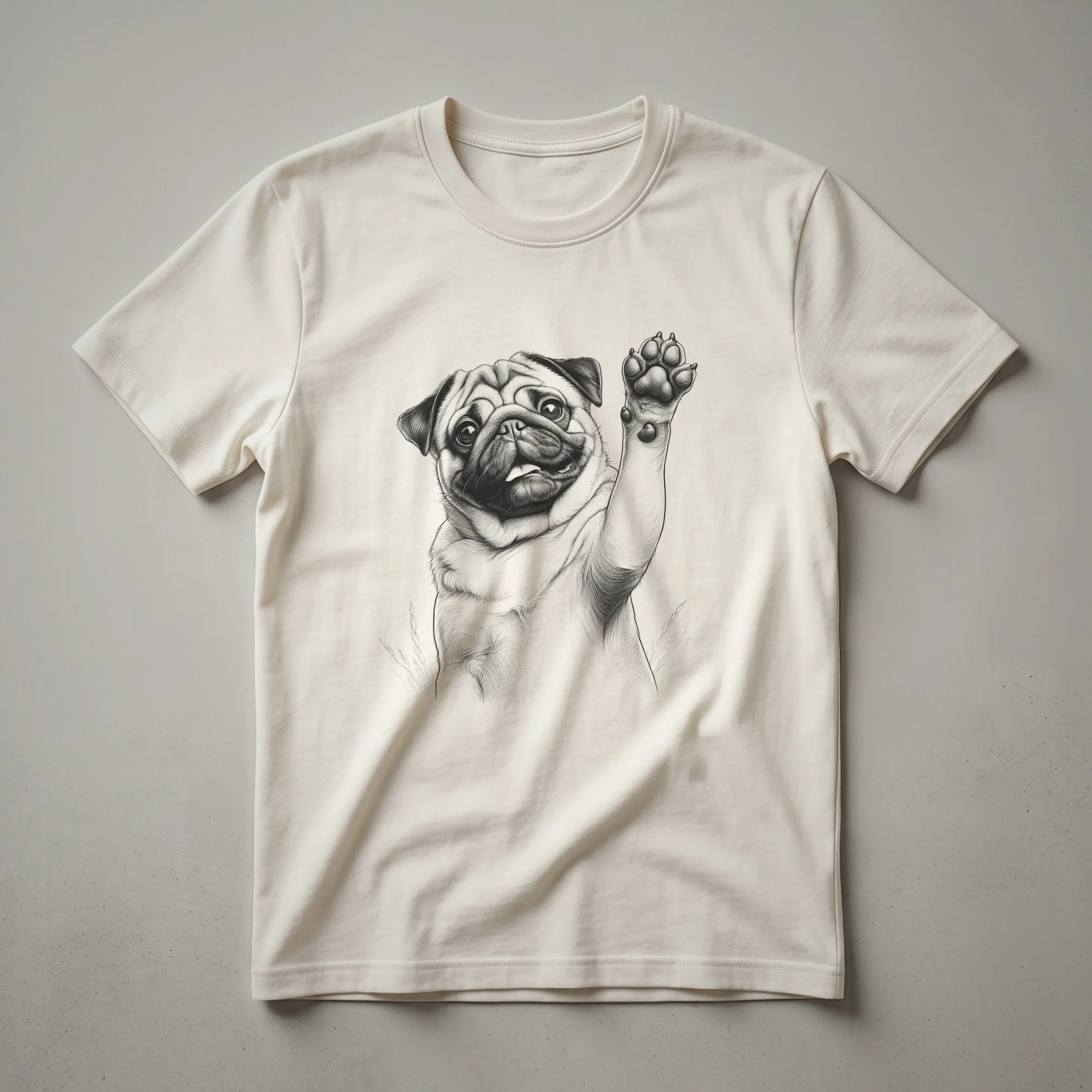 White graphic t-shirt with a black pug raising its paw, surrounded by pink and green floral accents.