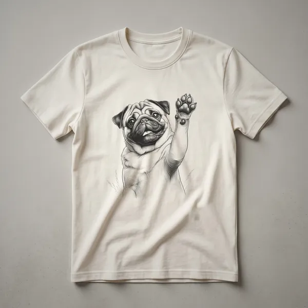 White graphic t-shirt with a black pug raising its paw, surrounded by pink and green floral accents.