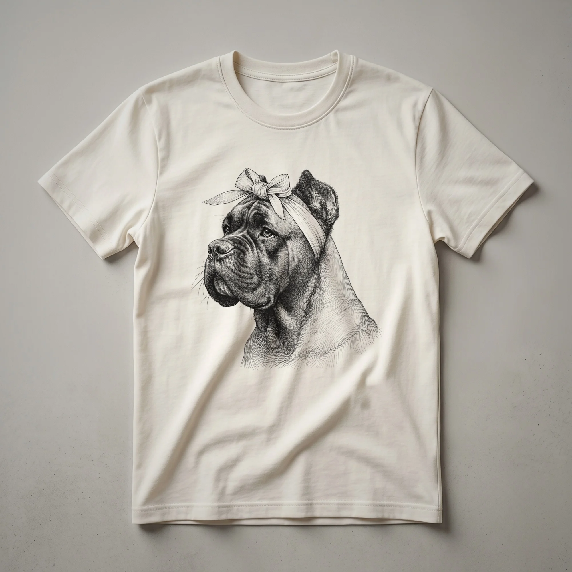 White graphic t-shirt featuring a black and white Cane Corso dog head silhouette adorned with colorful floral elements, designed for women and girls.