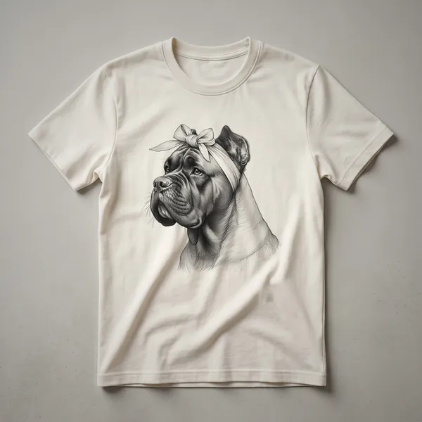 White graphic t-shirt featuring a black and white Cane Corso dog head silhouette adorned with colorful floral elements, designed for women and girls.