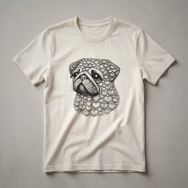 White t-shirt with a pencil sketch Pug portrait where the entire fur is made of small interlocking hearts, flat face and expressive eyes centered on the design.