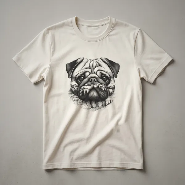 A white graphic t-shirt featuring a pug's face surrounded by a floral wreath design with green leaves and colorful flowers.