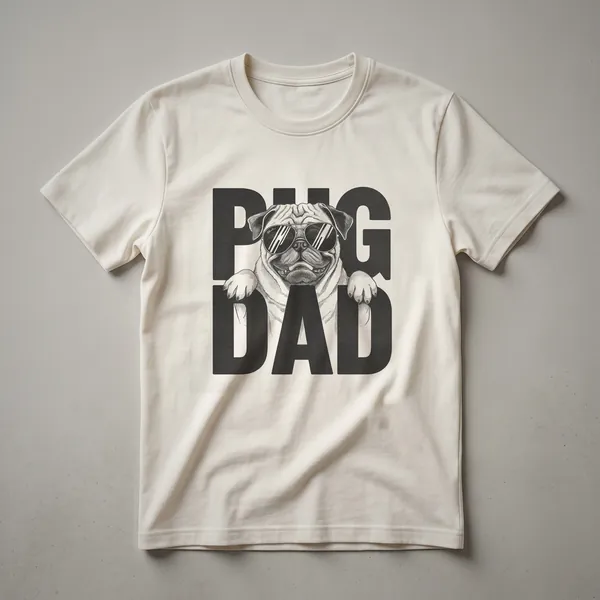 White graphic t-shirt featuring a pug wearing dark sunglasses and a red, white, and blue bandana.