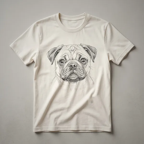 A black t-shirt featuring a minimalist line art drawing of a pug's face in white.