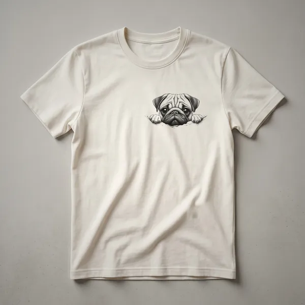 White t-shirt featuring a pug's face peeking from behind a colorful floral arrangement with green leaves and pink and yellow flowers.